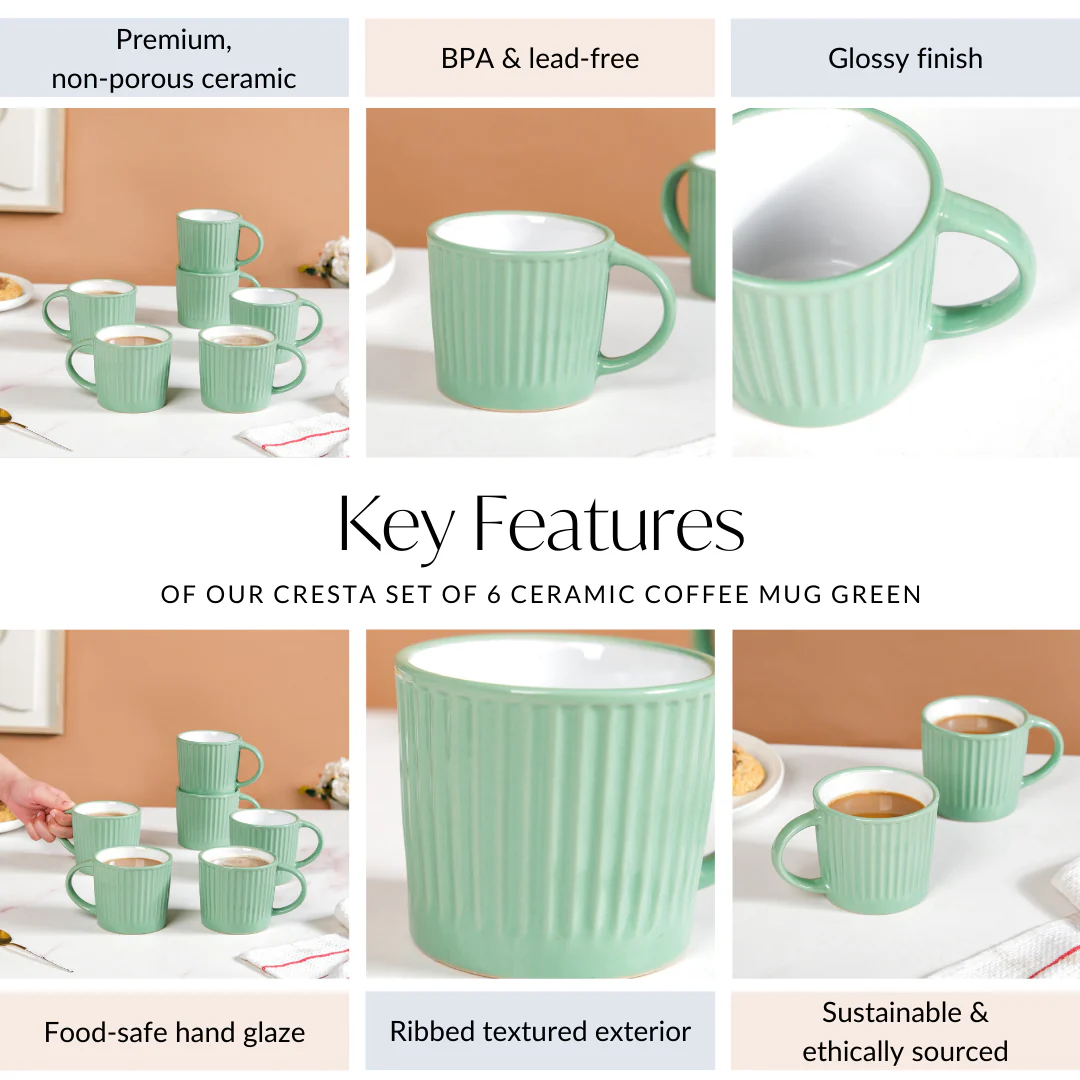 Cresta Set Of 6 Ceramic Coffee Mug Green 300ml - Image 5
