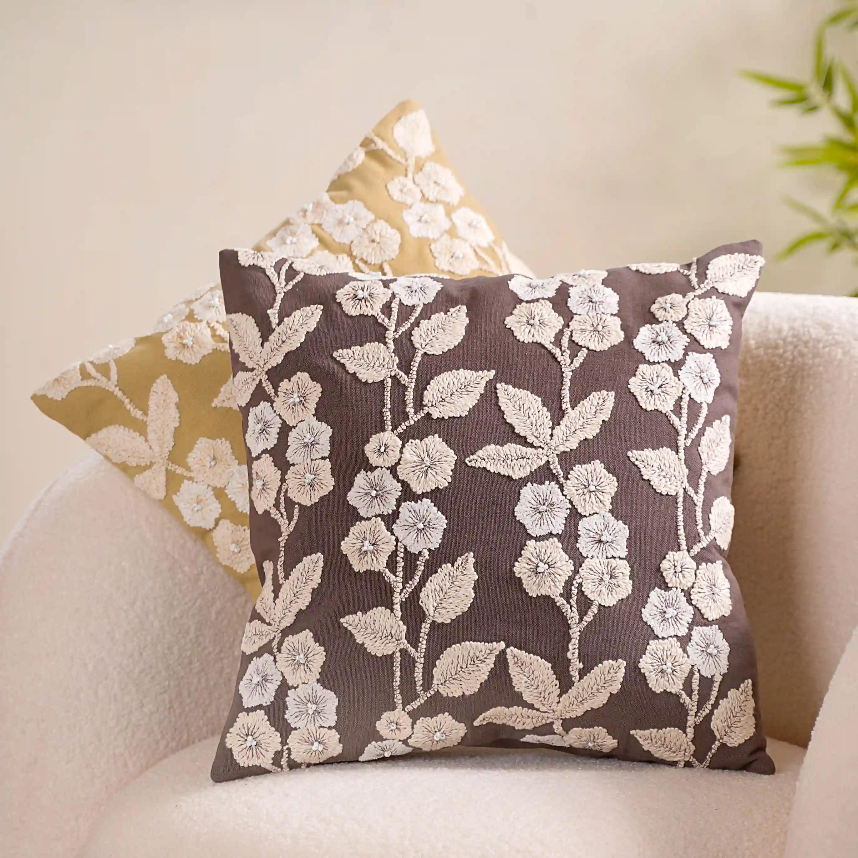 Floral Beadwork Cushion Cover Taupe 16x16 Inch - Image 12