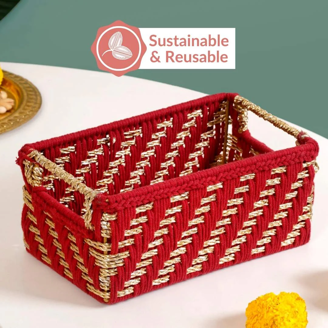 Handwoven Gift Basket With Handles Red And Gold - Image 9