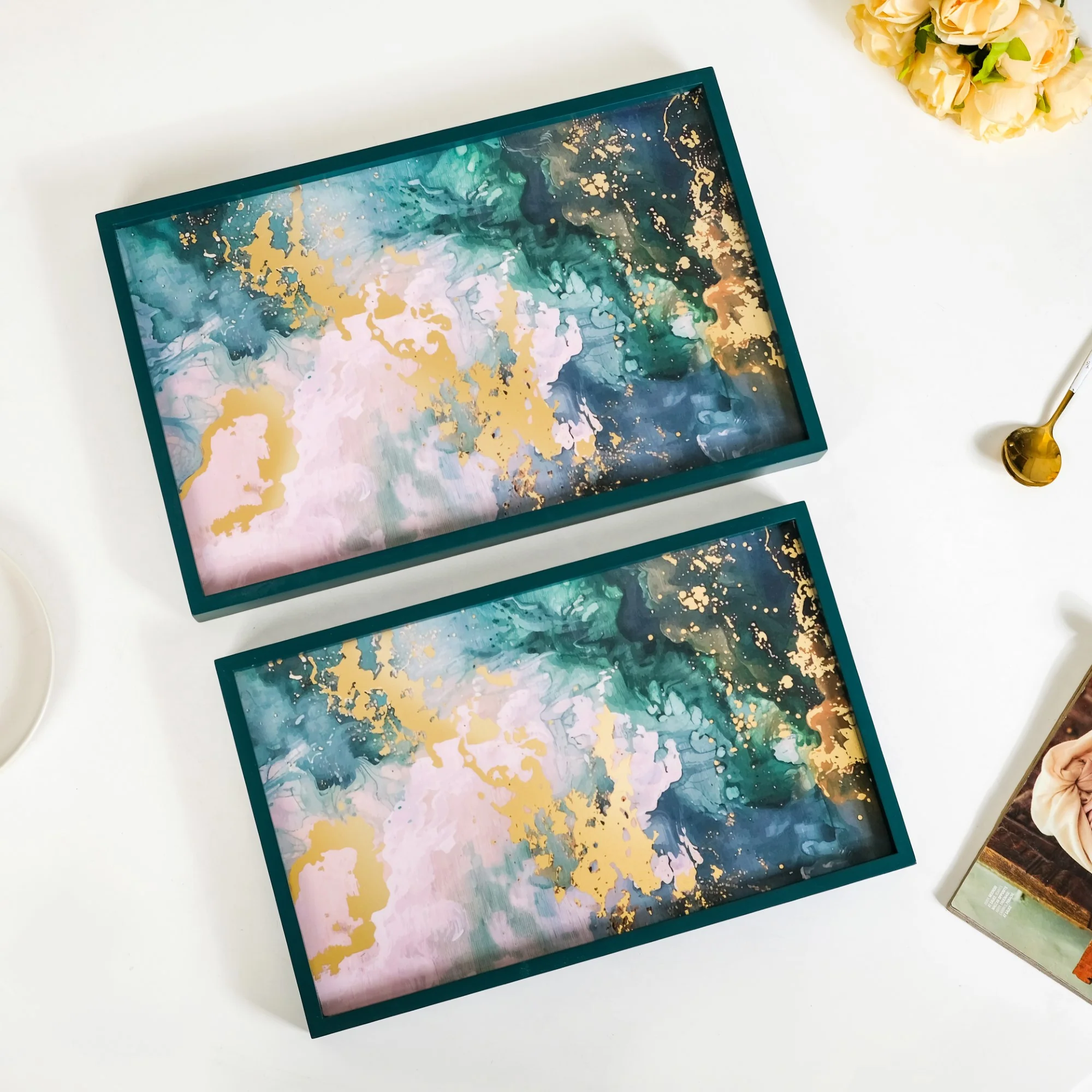 Impressionism Sky Art Tray Set Of 2 Teal Matte Gold - Image 6