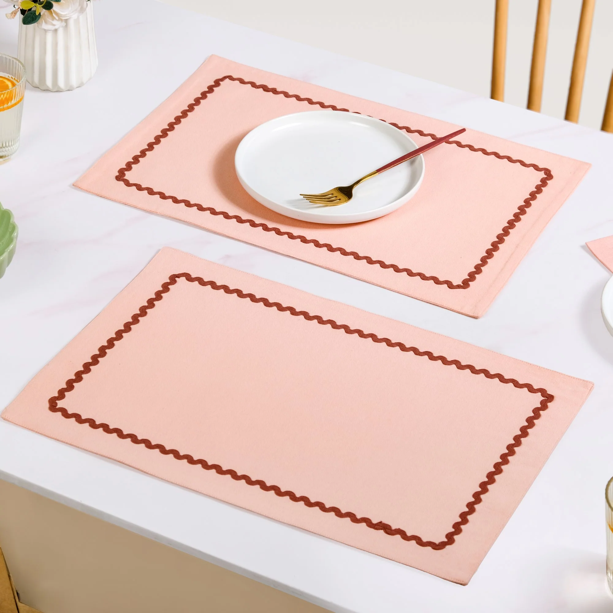 Madeline Rick Rack Peach Set Of 6 Reversible Cotton Placemats - Image 9