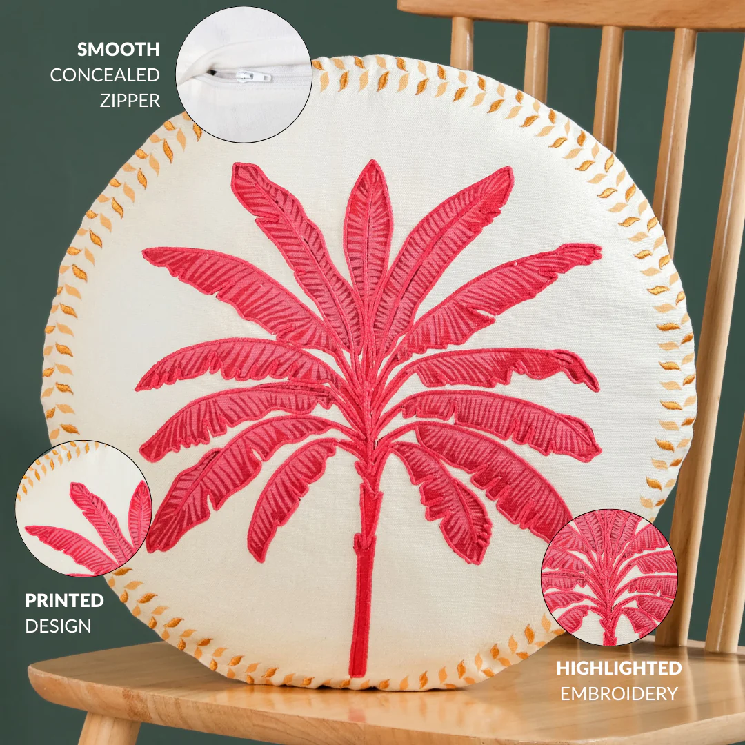 Pink Palm Embroidered Cotton Cushion Cover 45cm - Image 4
