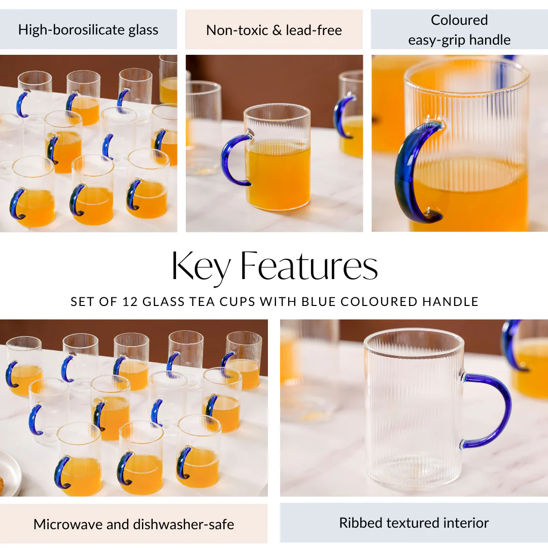 Set Of 12 Glass Tea Cups With Blue Handle 200ml - Image 5