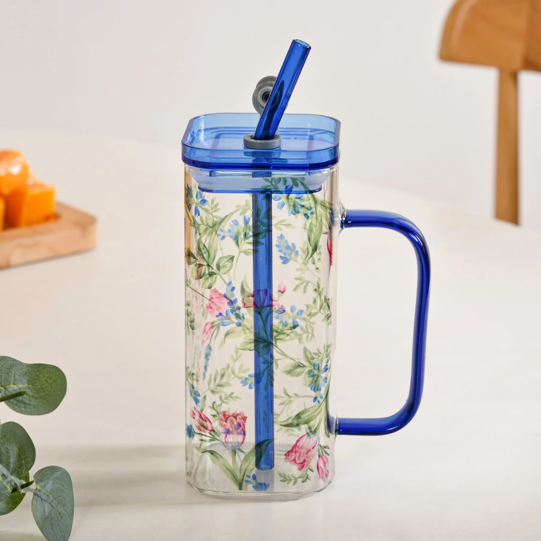 Set Of 2 Blue Floral Leakproof Travel Glass Sipper Cup With Straw 365ml - Image 8