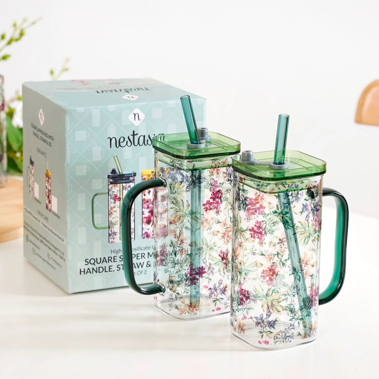 Set Of 2 Springtime Leakproof Borosilicate Glass Travel Sipper Cup With Straw 365ml - Image 3