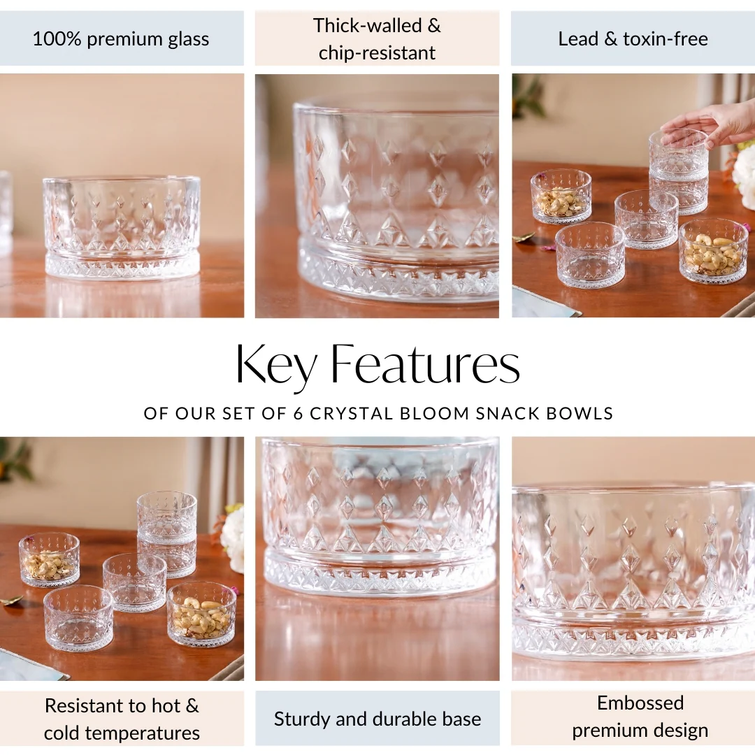 Set Of 6 Diamond Embossed Glass Snack Bowls 220ml - Image 5