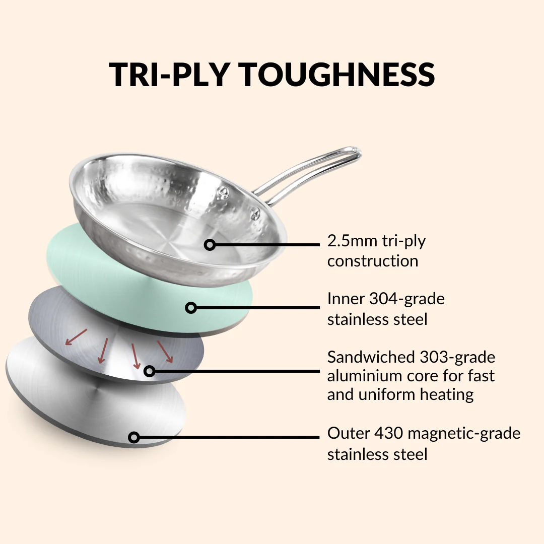 Triply Hammered Stainless Steel Cookware Set With Frying Pan And Kadai With Lid - Image 6